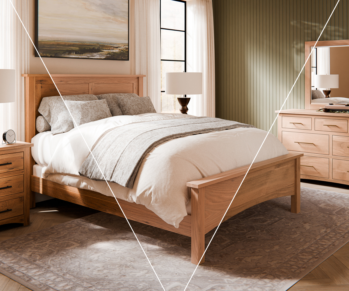 Amish furniture stain color options shown on a solid wood bedroom set.