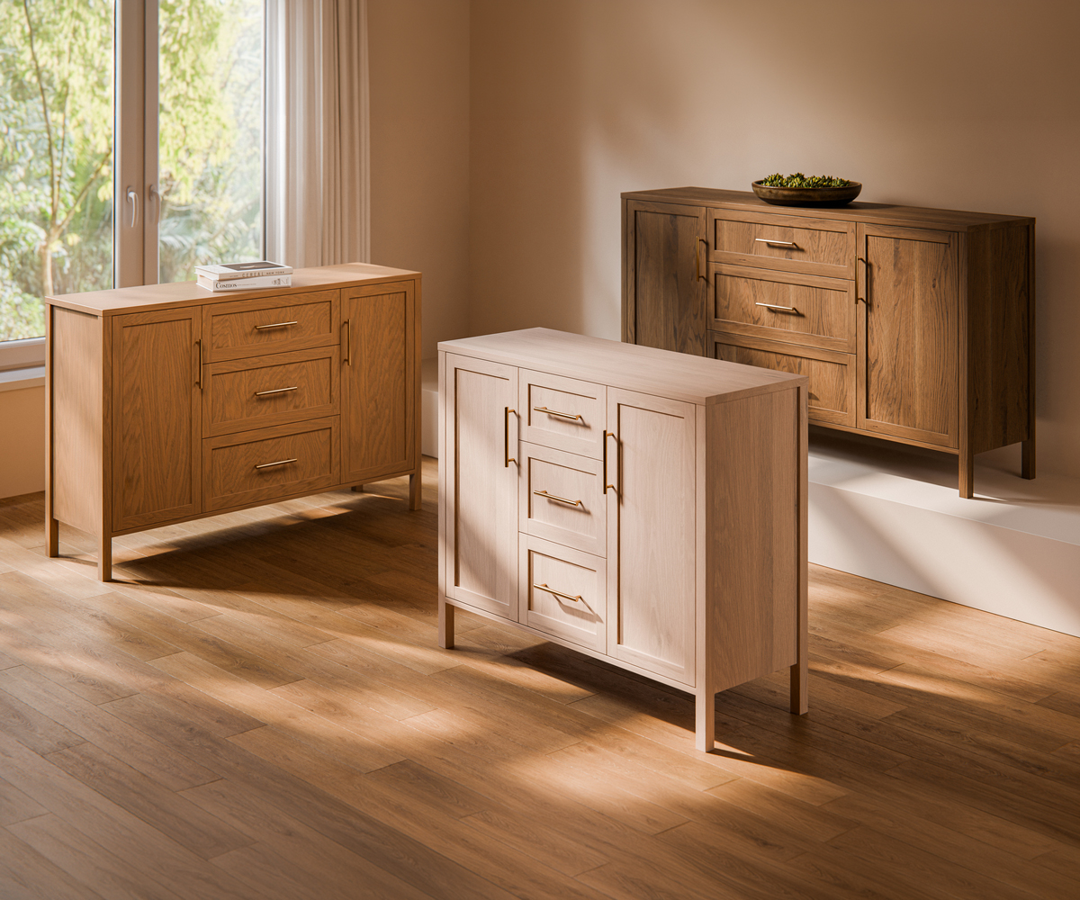Solid wood dining room storage cabinets in three finish options.