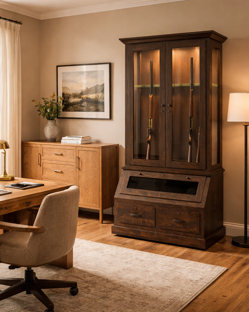 Exterior view of Heirloom Amish Furniture store, showing the storefront with signs and outdoor furniture displayed along the sidewalk.