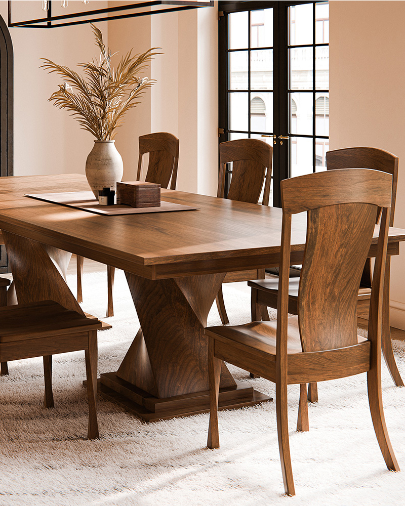 Solid wood dining room furniture with trestle table, chairs, and bench.