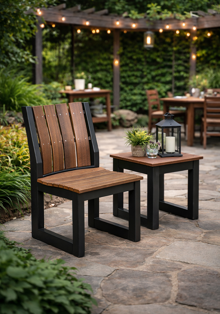 Exterior view of Heirloom Amish Furniture store, showing the storefront with signs and outdoor furniture displayed along the sidewalk.