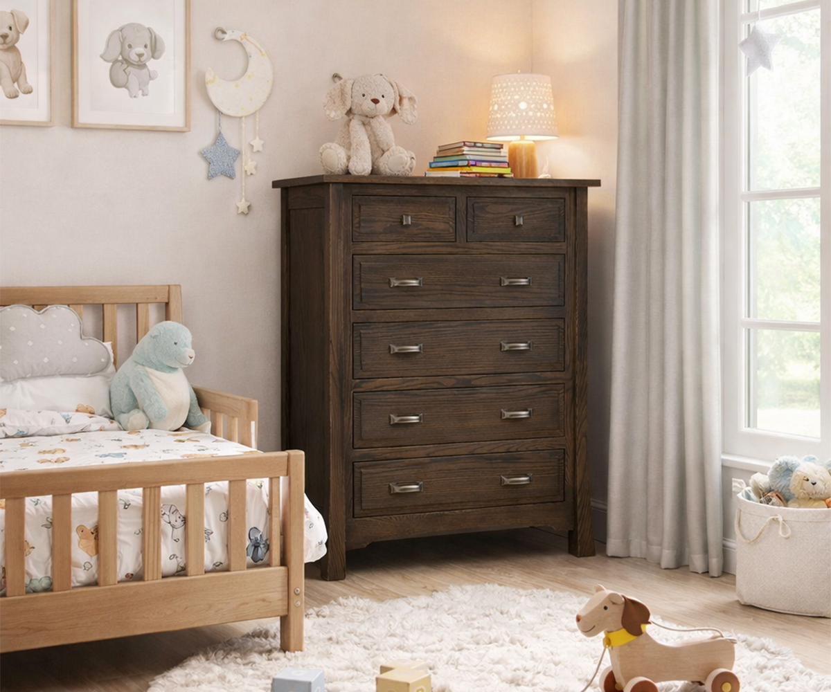 Solid wood children's furniture with chest dresser beside crib in a cozy nursery.