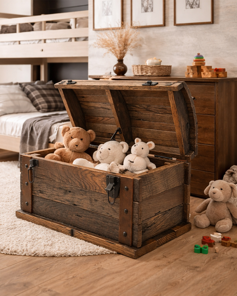 Solid wood toy box with plush animals in a cozy children's bedroom.