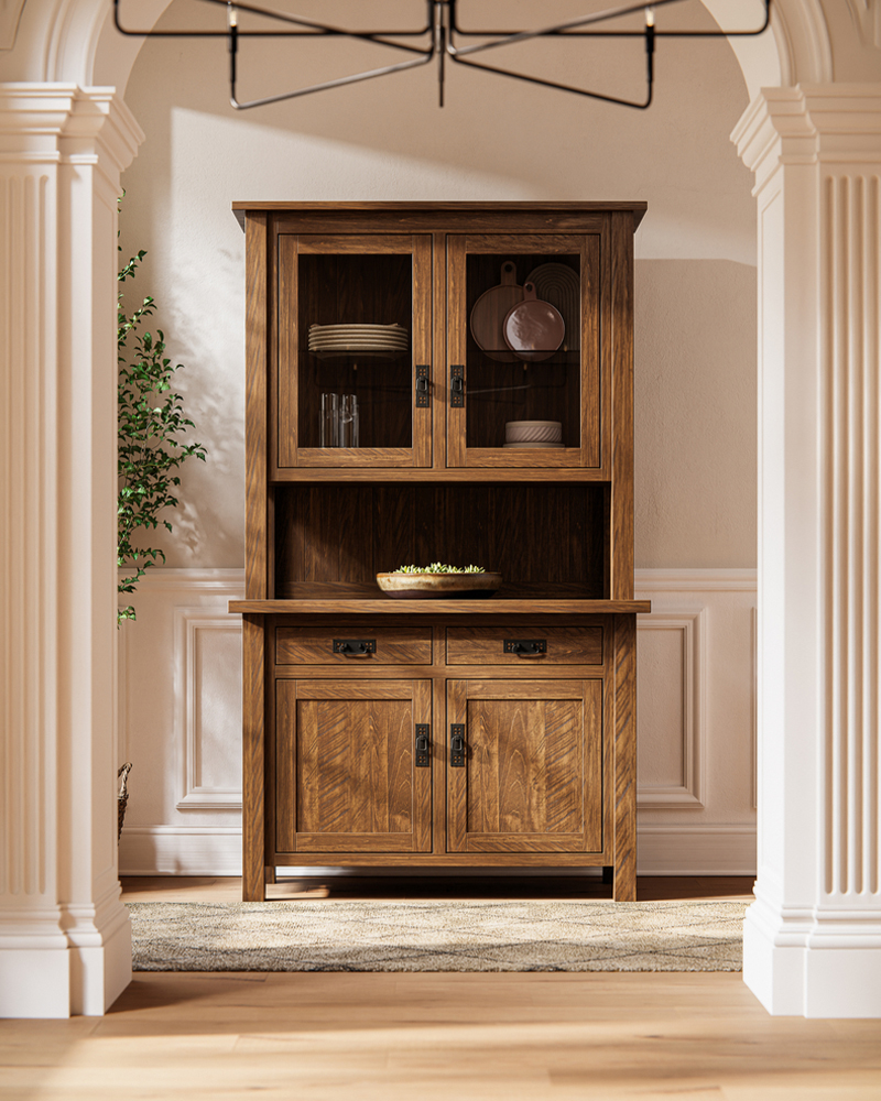 Solid wood dining room hutch cabinet with glass doors and lower storage.