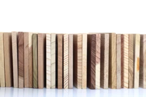 Solid wood samples showing different grains and finishes.