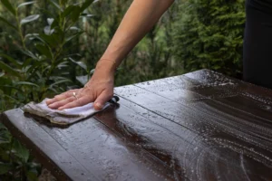 Cleaning and maintaining a solid wood outdoor table.