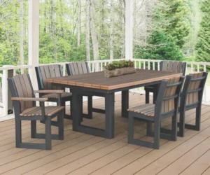 Poly outdoor furniture for Phoenix featuring a dining table and chairs on a covered backyard deck.