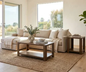 Wood coffee table and side table in a bright living room away from direct sunlight