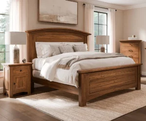 Solid wood bed frame and matching nightstands in a warm, neutral bedroom