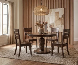 Wood dining table and chairs in a bright dining room with natural light