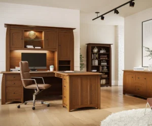 Solid wood home office furniture with a large desk, cabinetry, and matching bookcase.