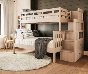 Handcrafted wood bunk bed with built-in stairs, storage, and lower bed.